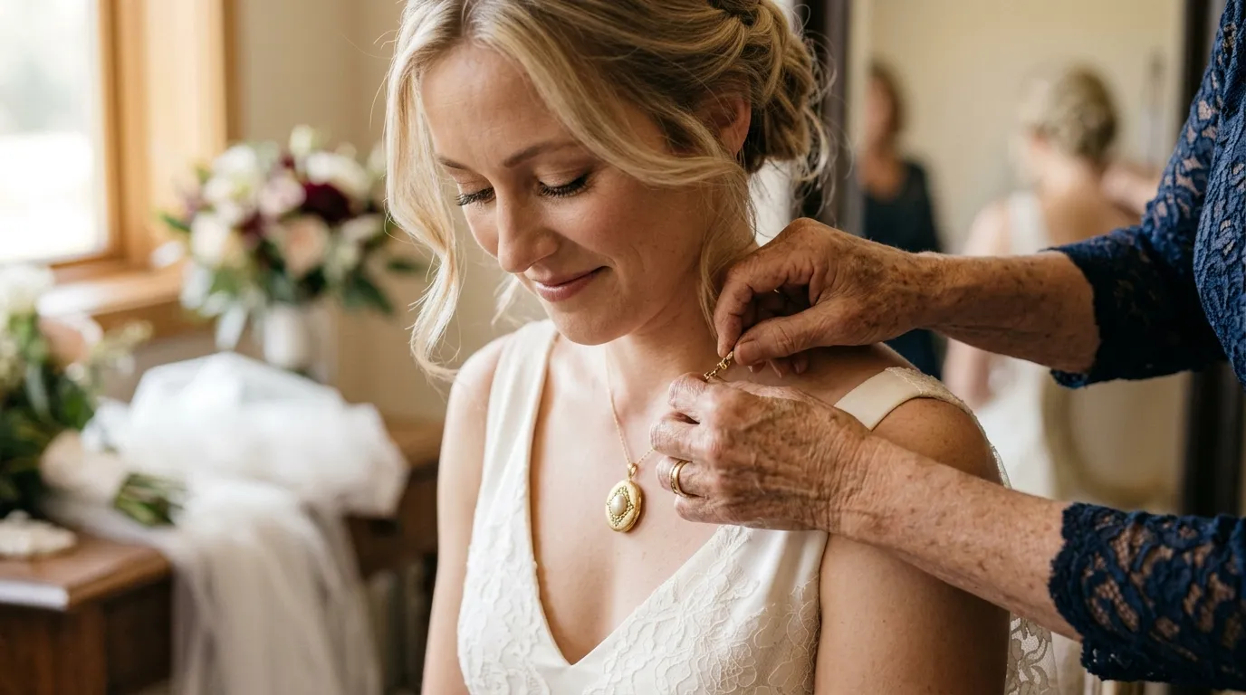 Mother fastening pearl locket on bride