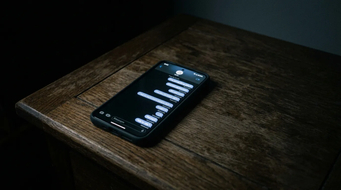 A glowing smartphone on a nightstand showing unanswered text messages