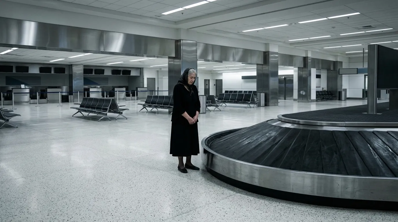 An elderly woman in a black dress standing alone by a luggage carousel in a brightly lit but empty airport terminal.