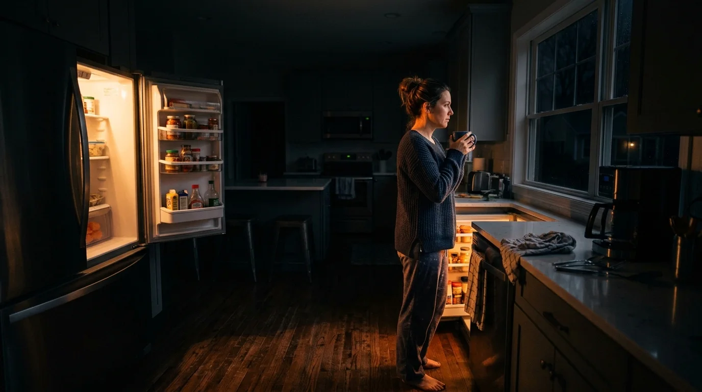 Sophia standing alone in a dimly lit kitchen holding a coffee mug
