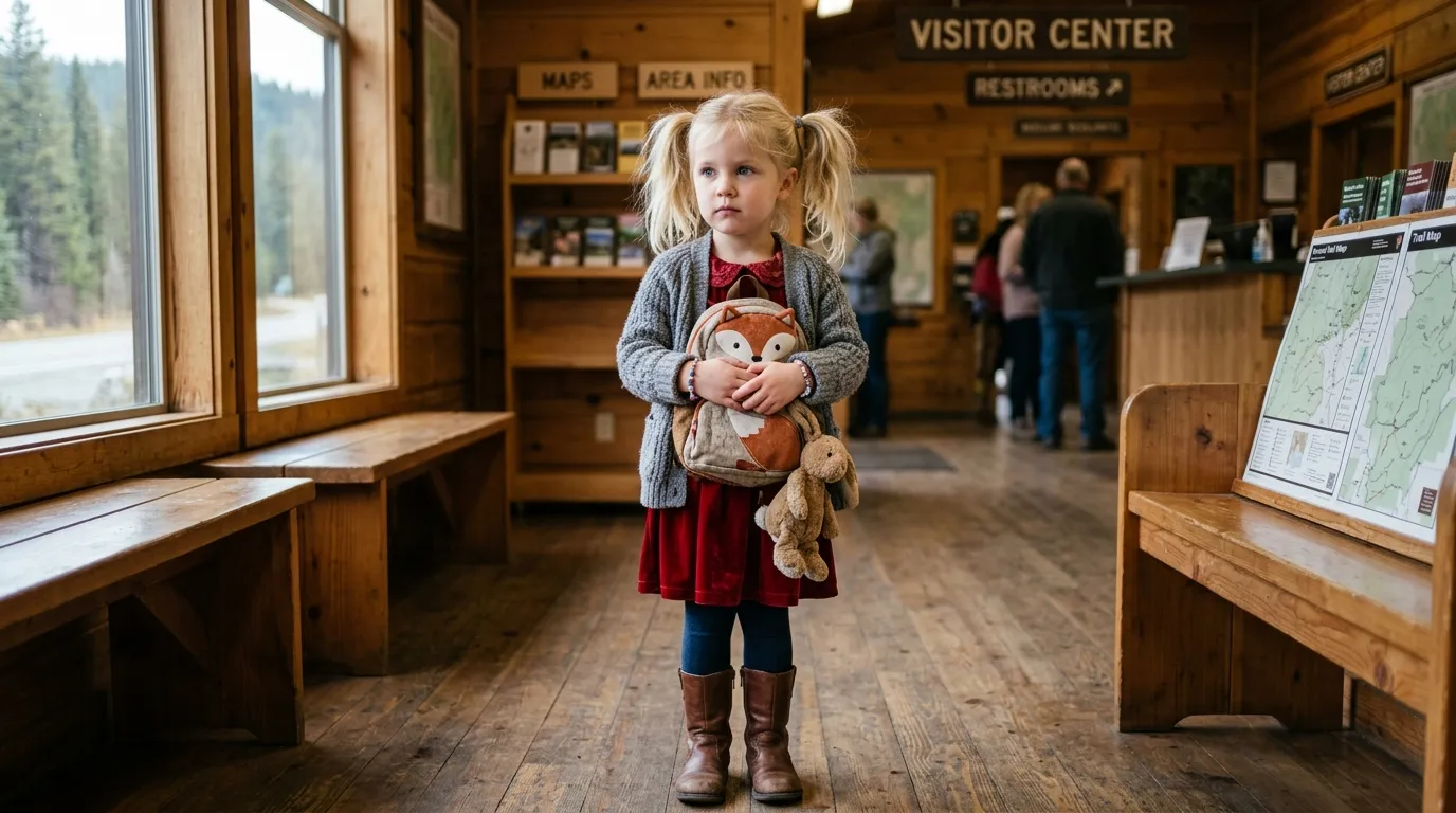 A brave 5-year-old blonde girl in a red dress holding a tiny backpack at a visitor center