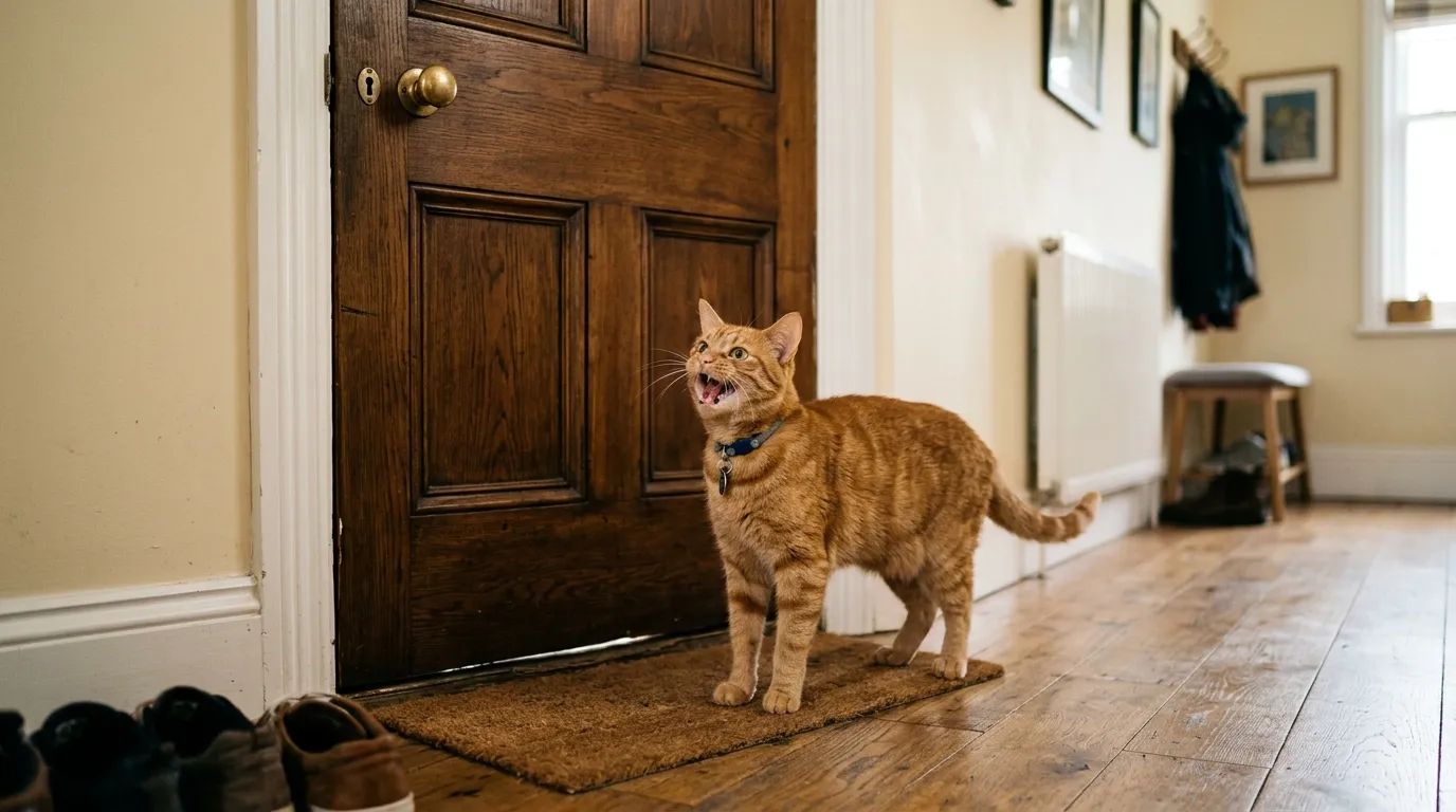 Orange tabby cat standing alert and meowing urgently at a closed front door.