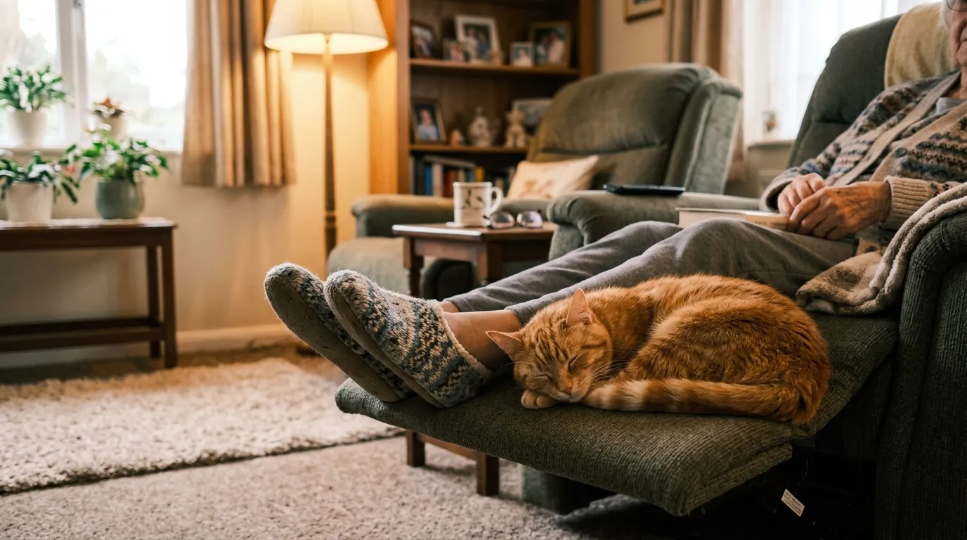 Orange tabby cat curled up comfortably on the footrest of a recliner next to an elderly woman's feet.