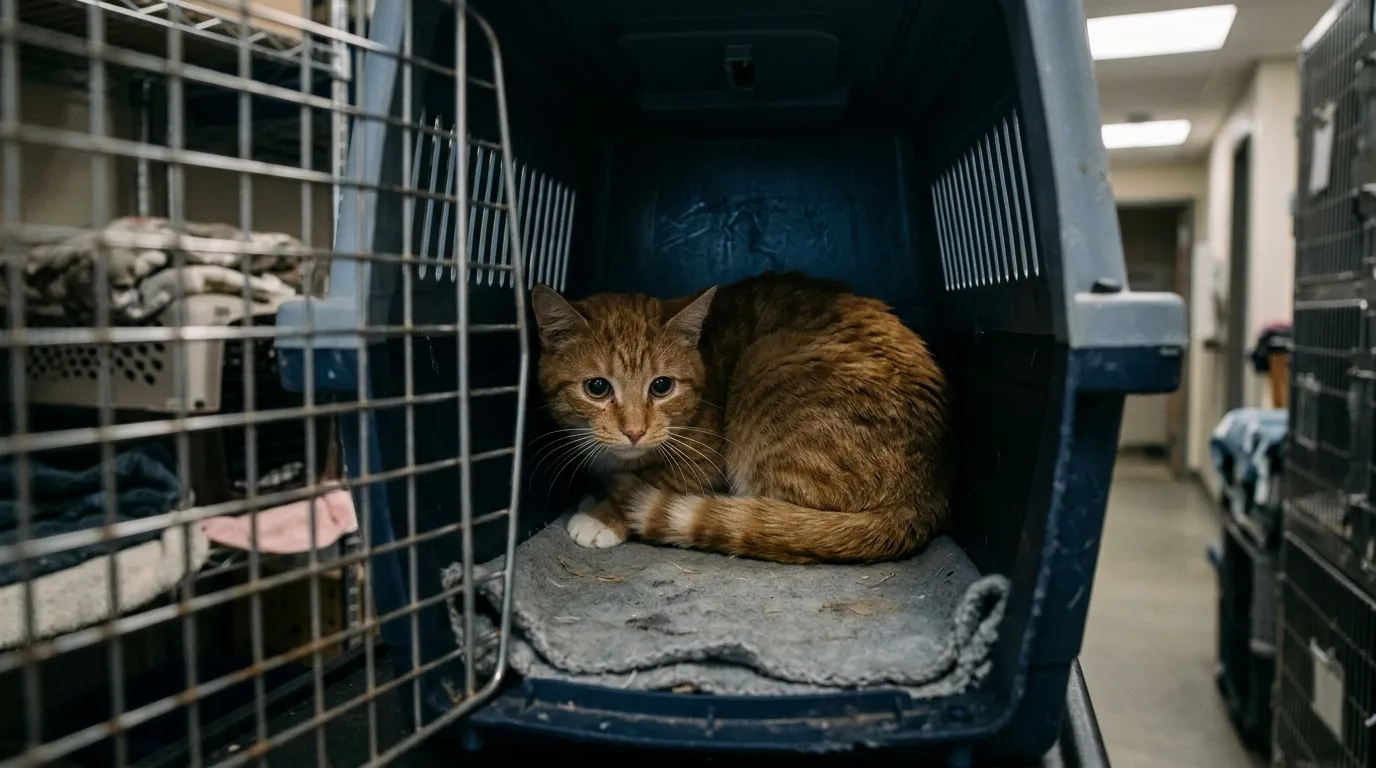 Sad orange tabby cat sitting in the back of a plastic pet carrier looking nervous.