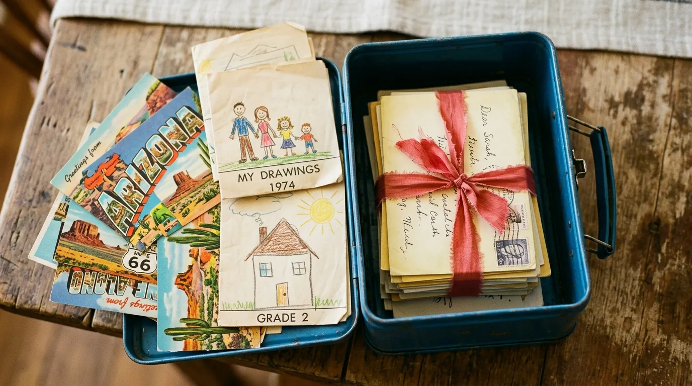 Postcards and letters tied with ribbon inside the blue lunchbox