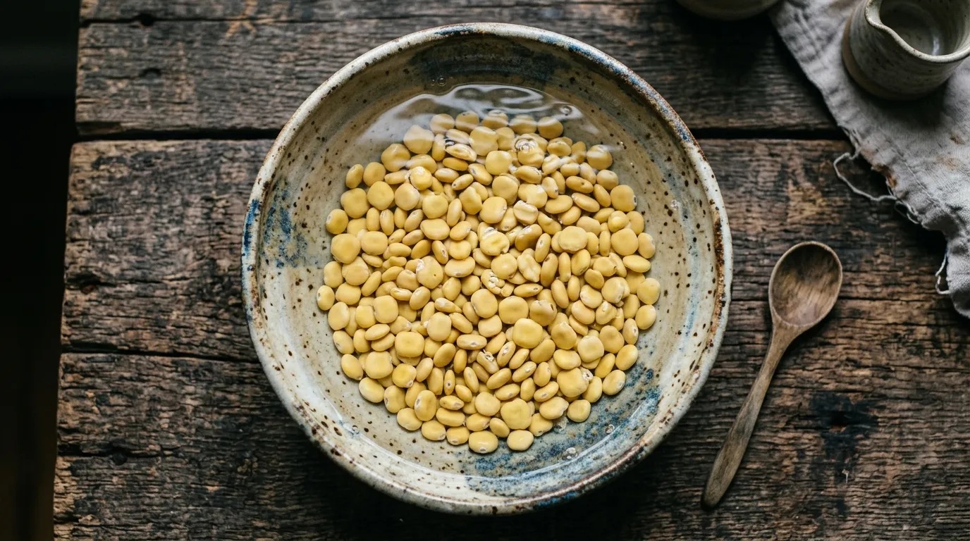 Lupin seeds soaking in a wooden bowl of water
