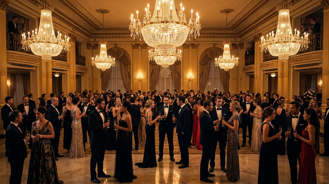 A cinematic view of a luxurious grand ballroom with crystal chandeliers and elegant guests mingling.