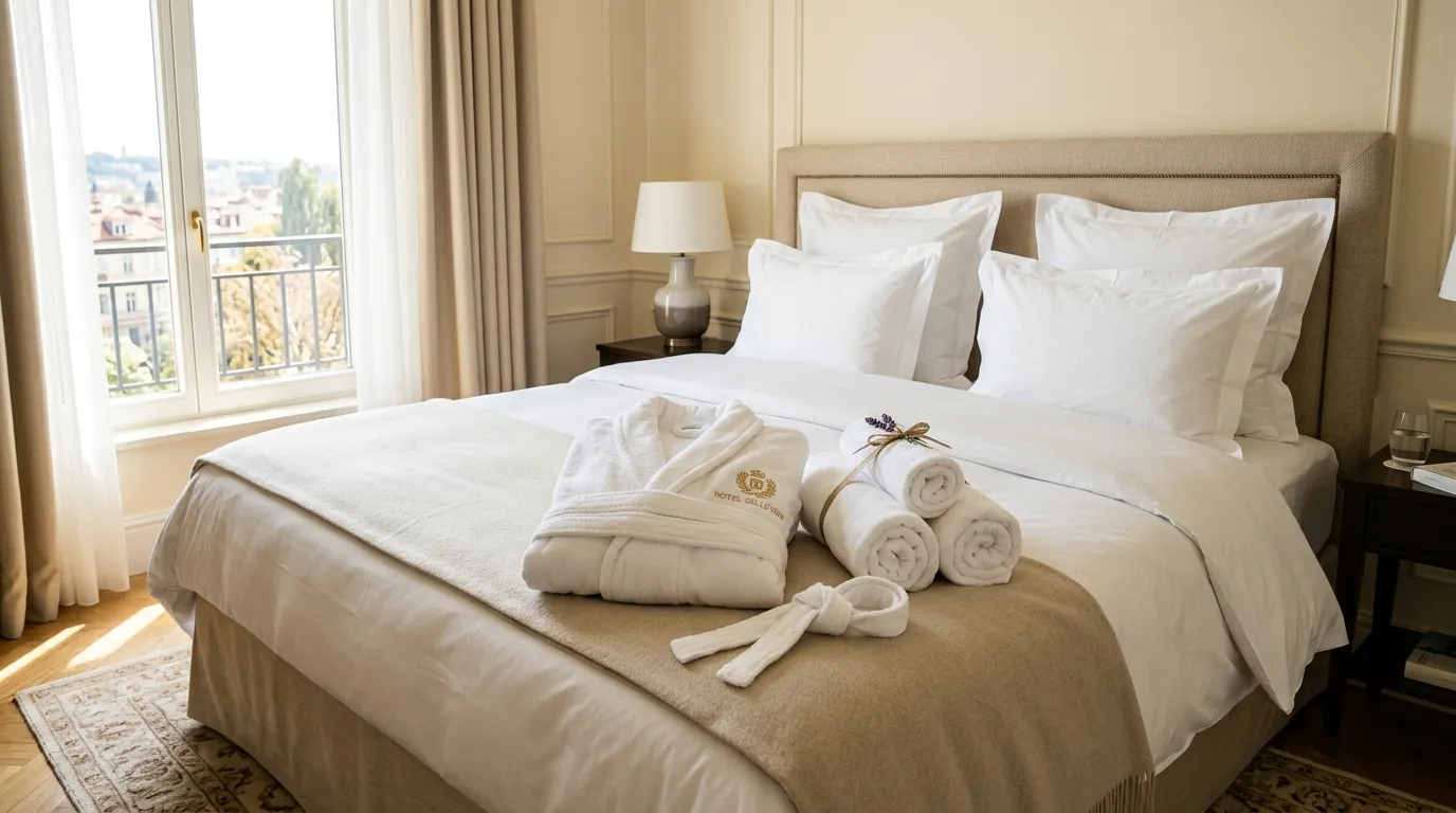 Plush hotel bathrobe and folded towels resting on a crisp white bed