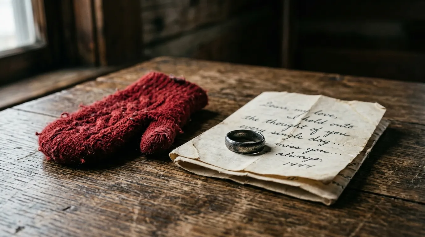 A child's red mitten, a silver wedding ring, and a folded letter resting on a wooden table.