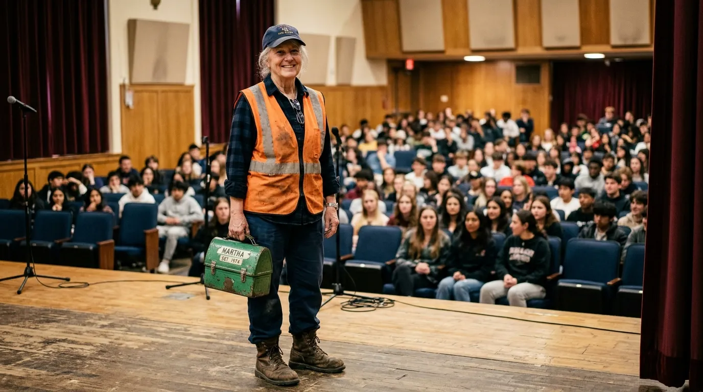 70-year-old Mabel Ortiz standing on a high school stage wearing an orange safety vest and holding a dented lunchbox.