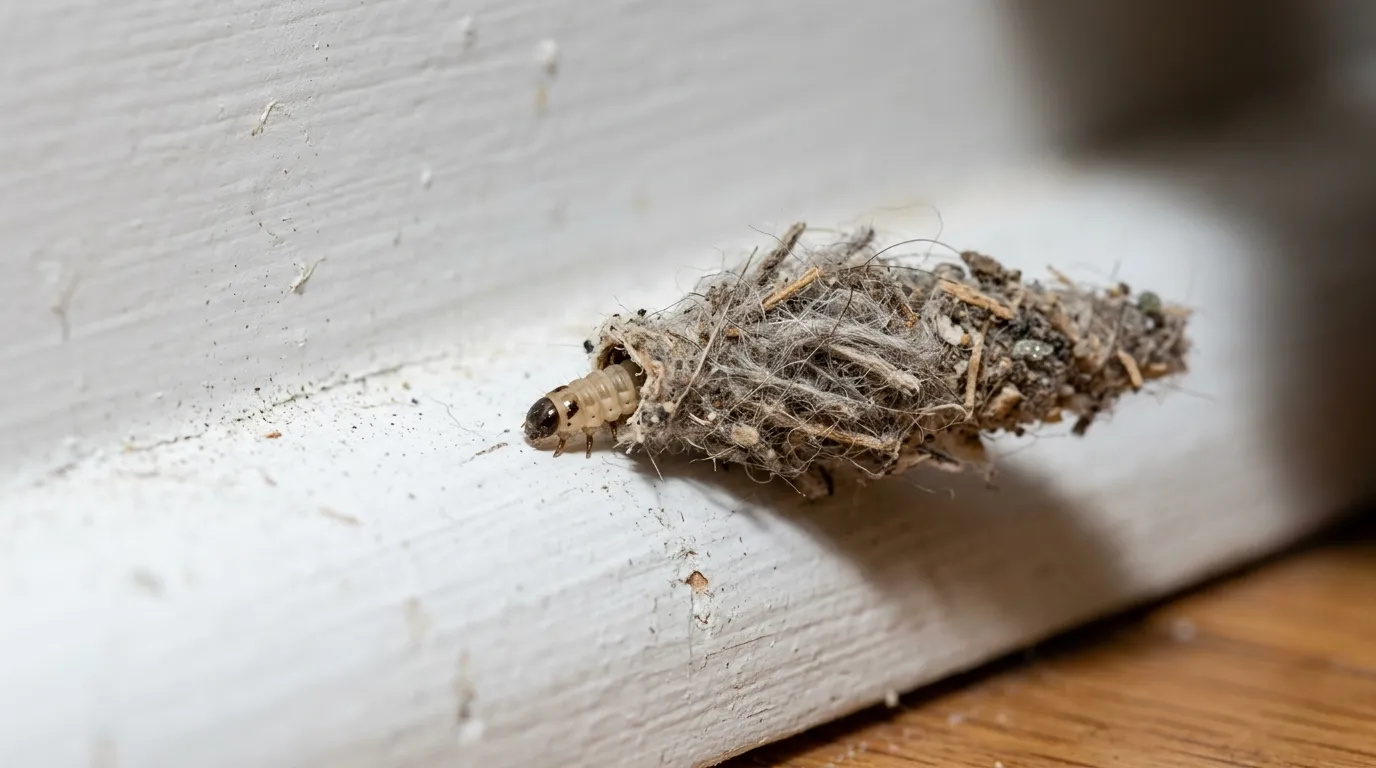 Macro photography showing the intricate woven texture of hairs and dust on a plaster bagworm case.
