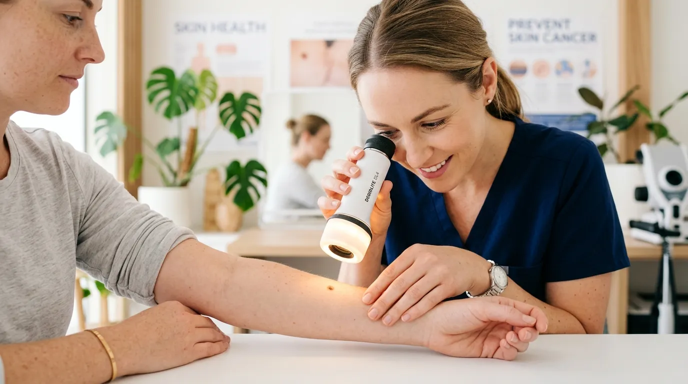 A dermatologist examining a patient's skin using a glowing dermatoscope.