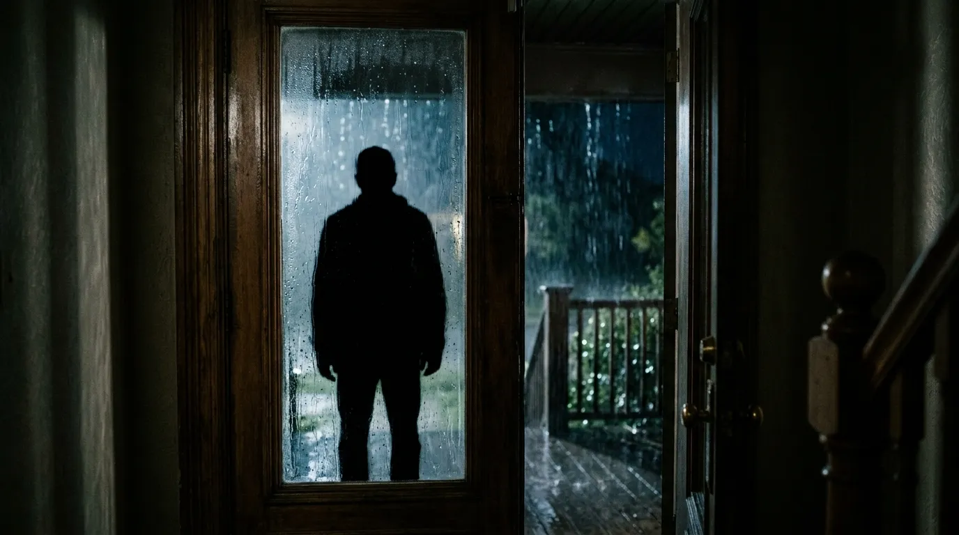 A blurred silhouette of a man standing outside in the rain, looking through a glass-paneled front door.