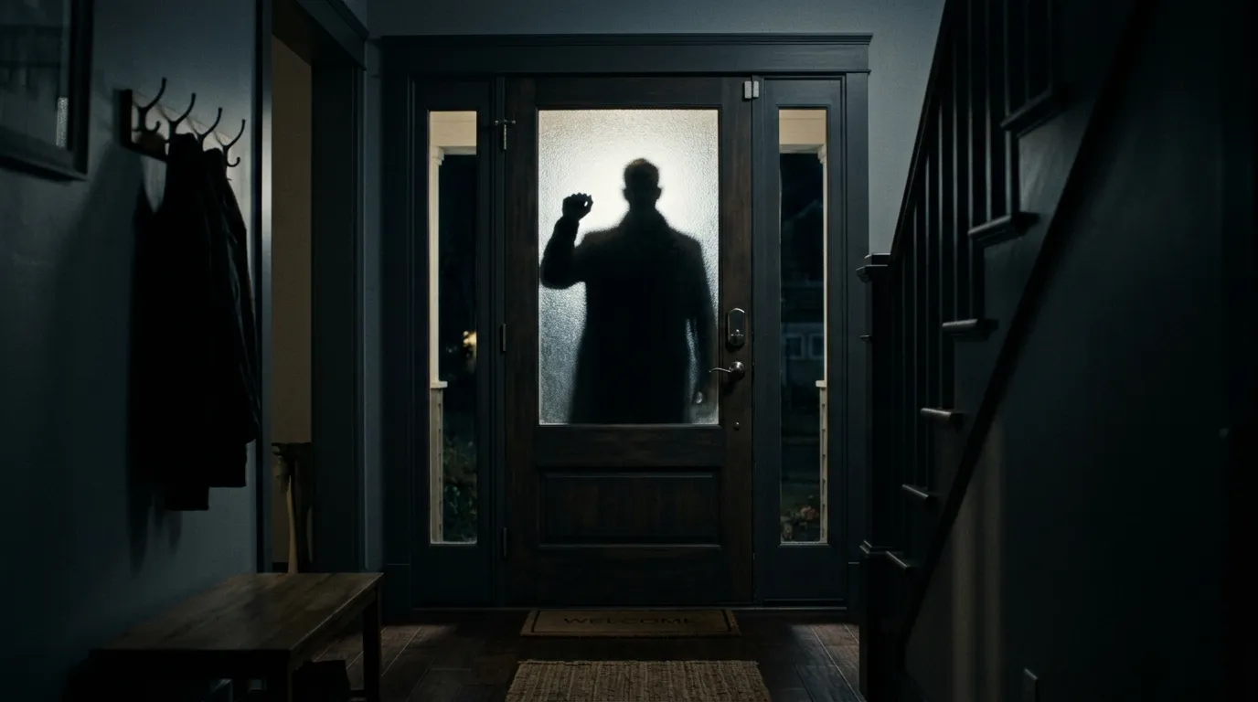 An angry man knocking aggressively on a front door while children hide inside