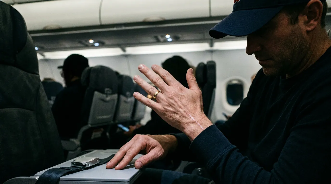 A man with a scar on his wrist rubbing his bare ring finger while sitting on a plane