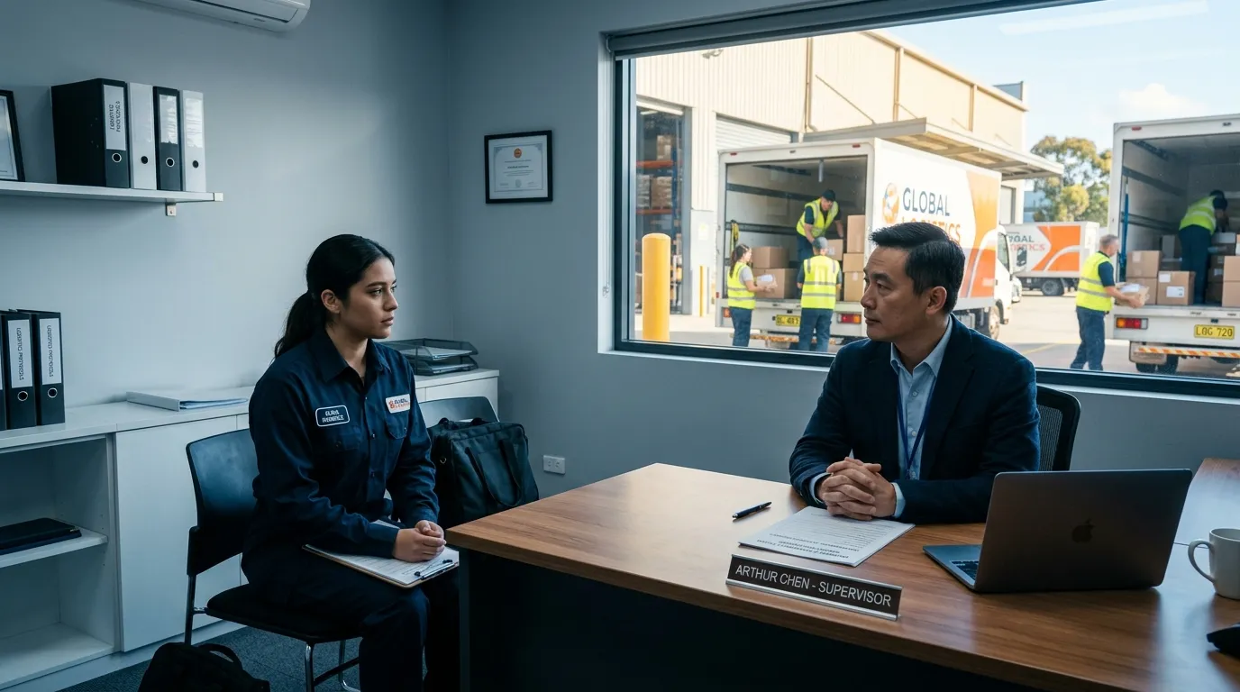 Delivery driver sitting across from a supervisor in a corporate office