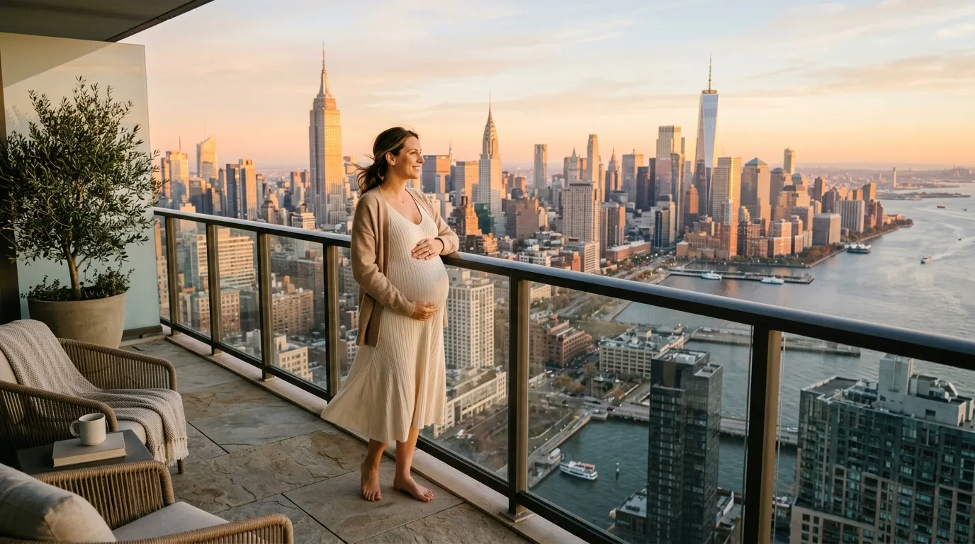 Pregnant woman standing on a balcony looking at the morning Manhattan skyline.