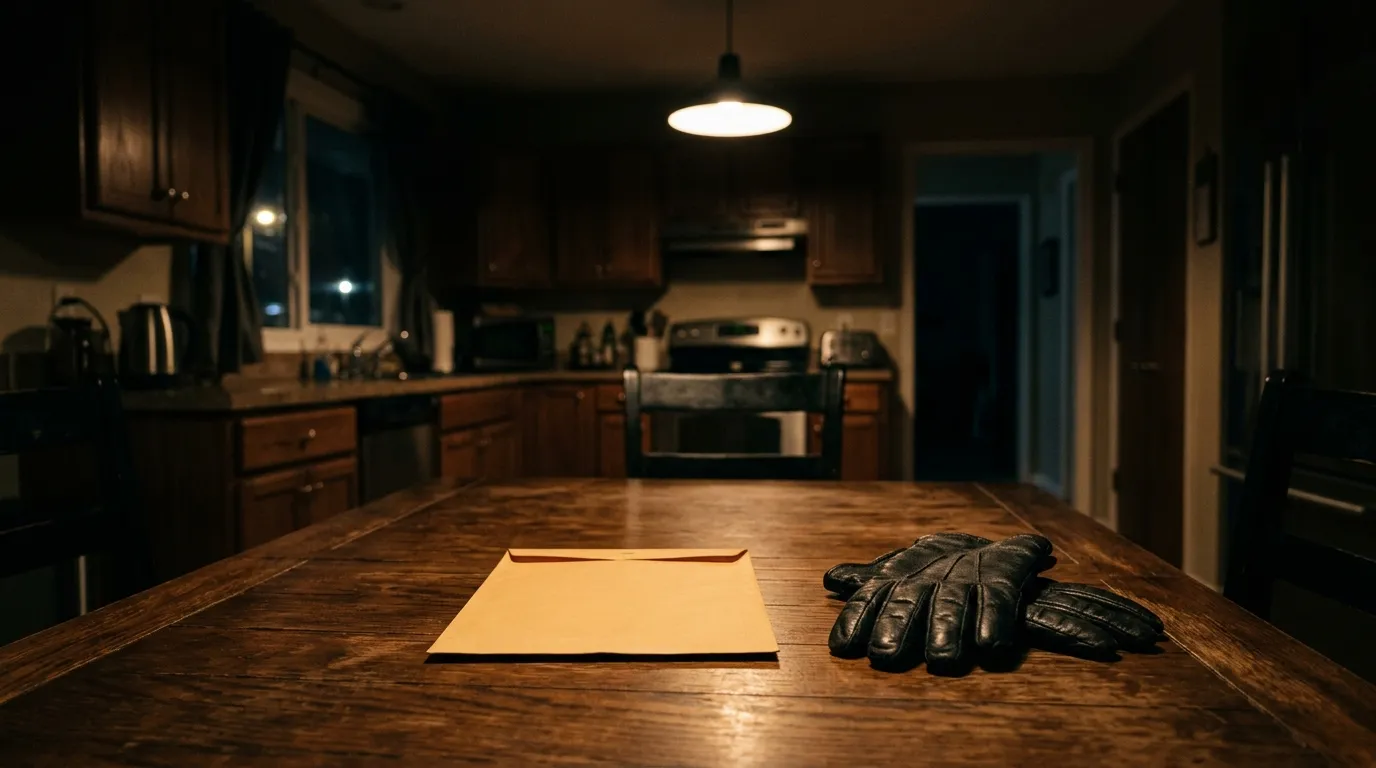 A blank manila envelope and leather gloves sitting on a dark kitchen table