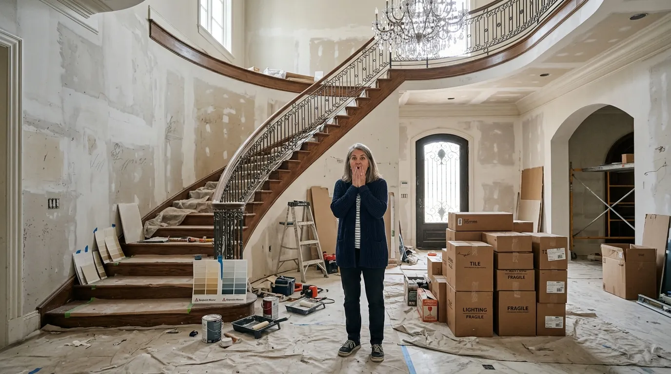 Interior of Hannah's house showing messy renovations and construction