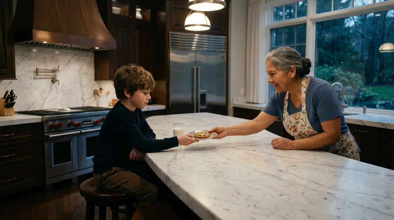 A housekeeper handing a cookie to a lonely boy in a massive marble kitchen