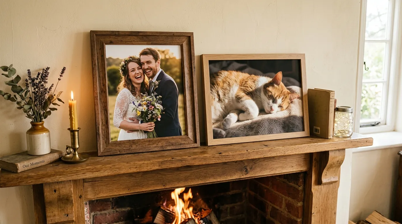 A framed wedding photo next to a photo of a sleeping cat on a sunlit fireplace mantel