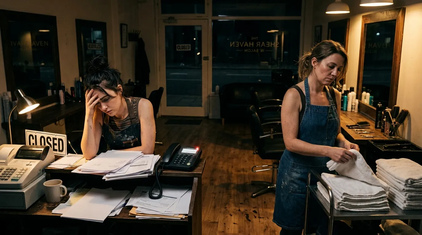 Two exhausted hairdressers standing in a dimly lit salon surrounded by bills and a ringing phone