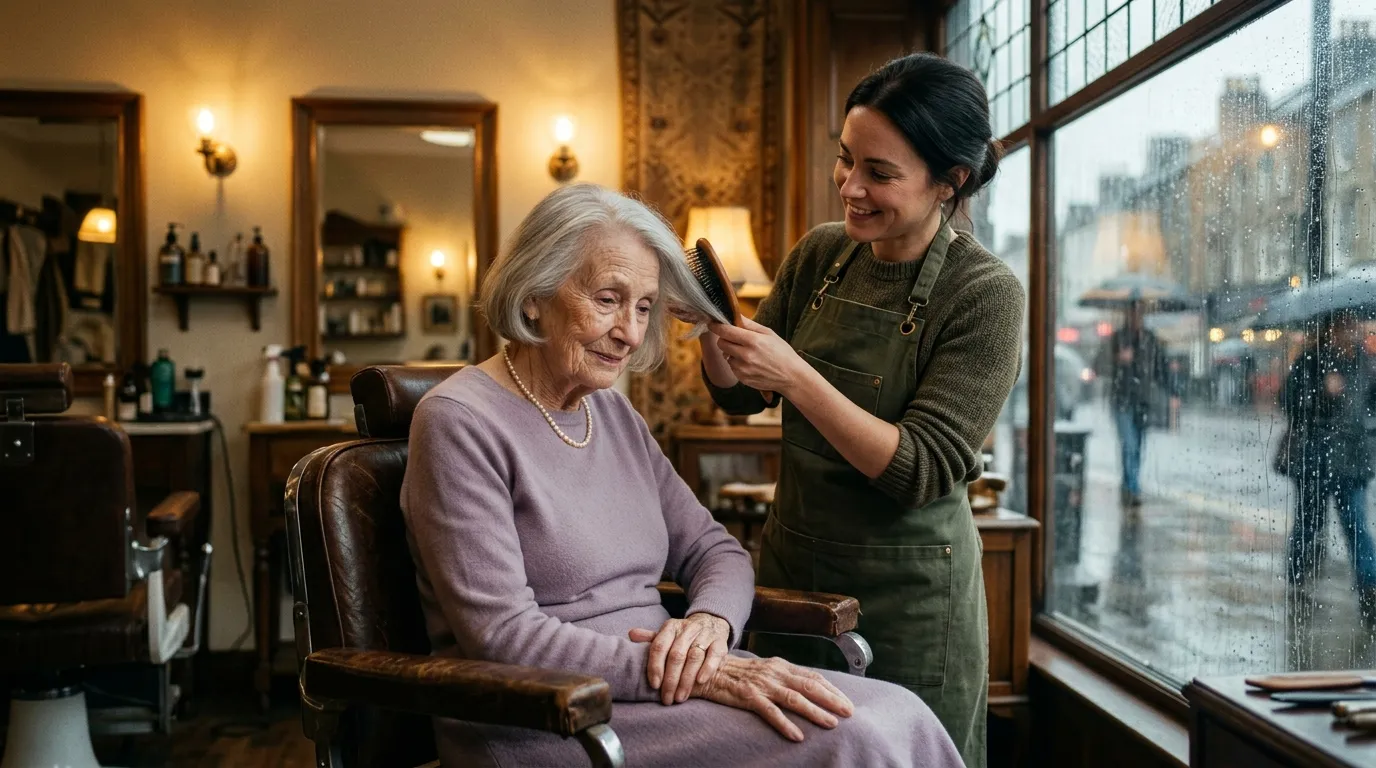 A hairdresser gently styling an elderly woman's hair in a salon on a rainy day