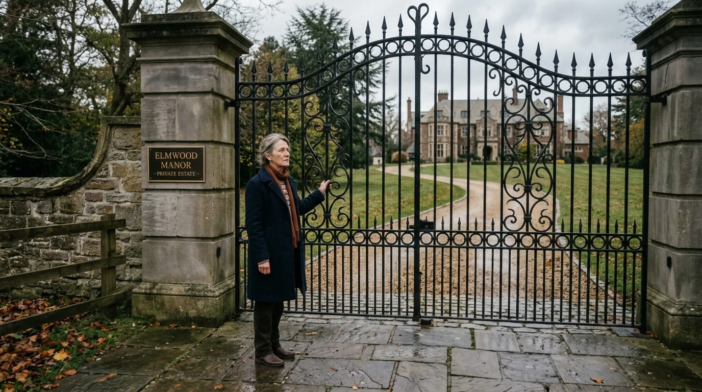 Margaret looking at the large gates of her daughter's community