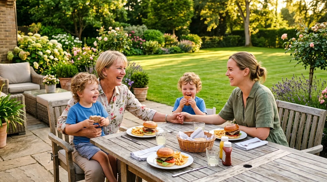Margaret smiling warmly with one twin on her lap, holding hands with Hannah at a sunny patio dinner table