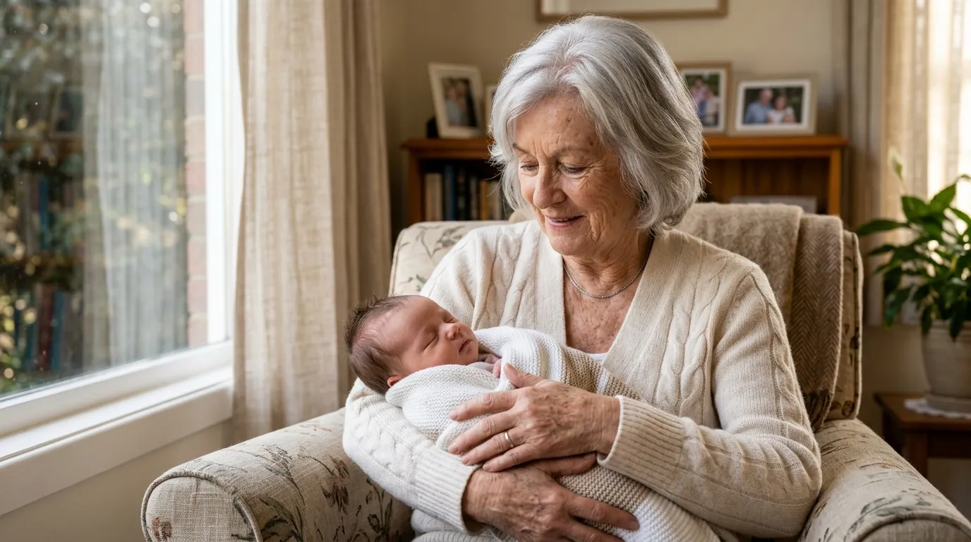 A 75-year-old woman with silver hair lovingly holding her newborn baby in a sunlit room