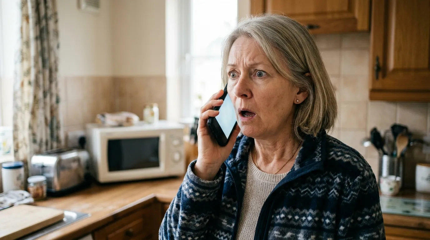 Margaret in her simple kitchen listening to the phone message with shock