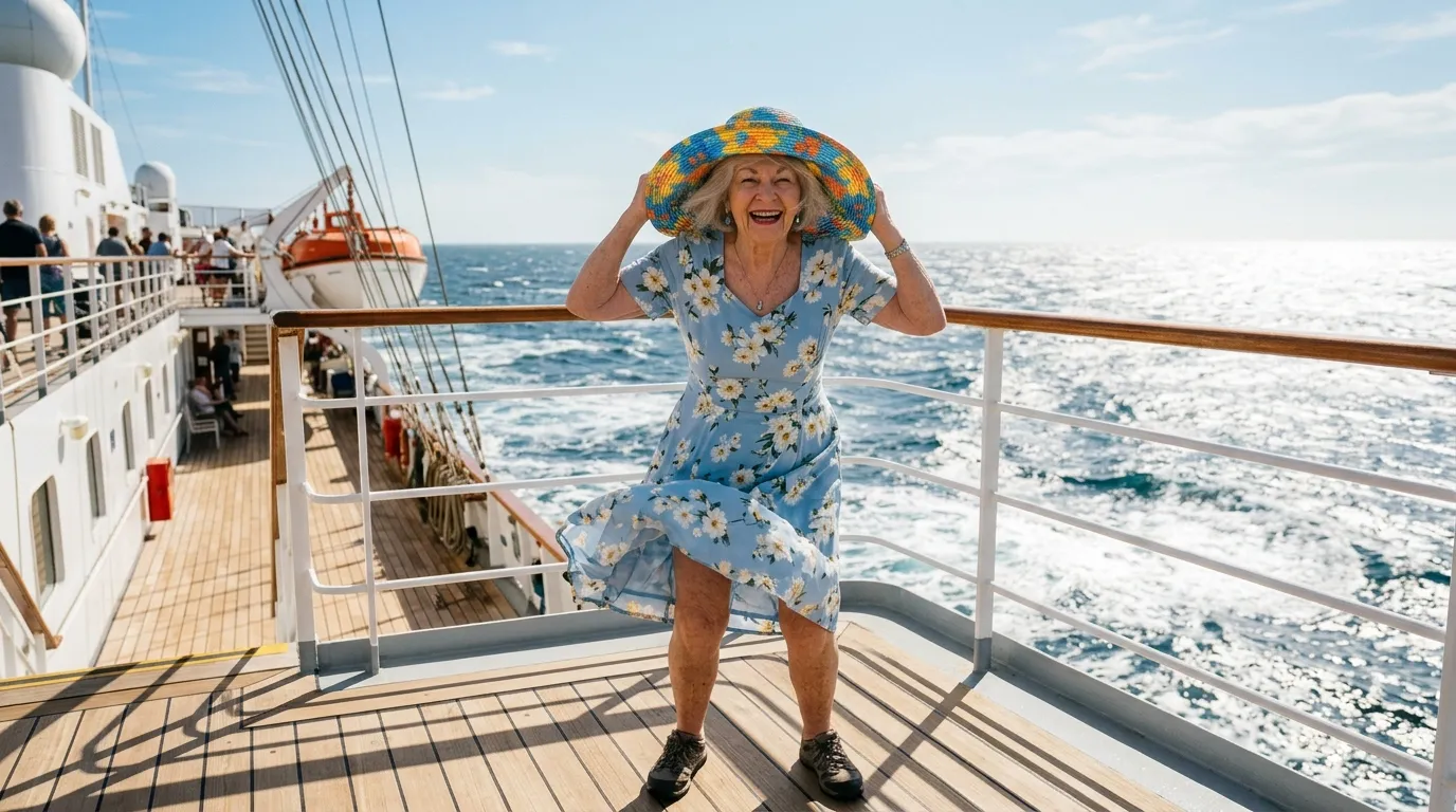 Elderly woman on a cruise ship deck holding onto her large sun hat in the wind