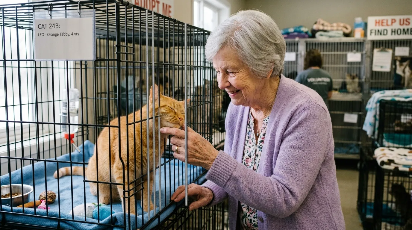 Elderly woman with silver hair gently touching a loving orange tabby cat through a shelter cage.