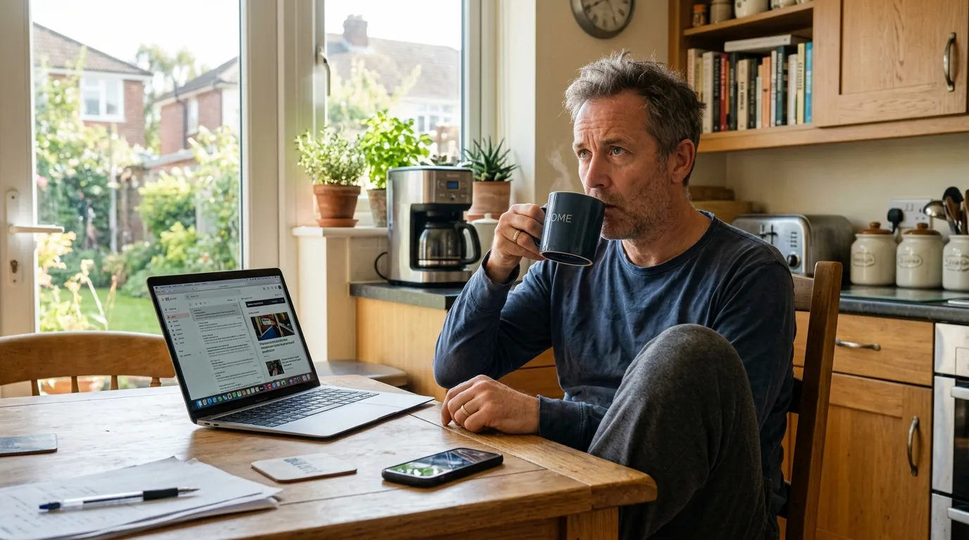 Middle-aged man drinking coffee at a kitchen table on a weekday