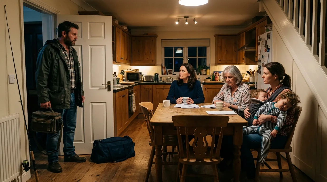 A husband walking into his home to find his wife, mother, and sister-in-law sitting at the table with his packed bags
