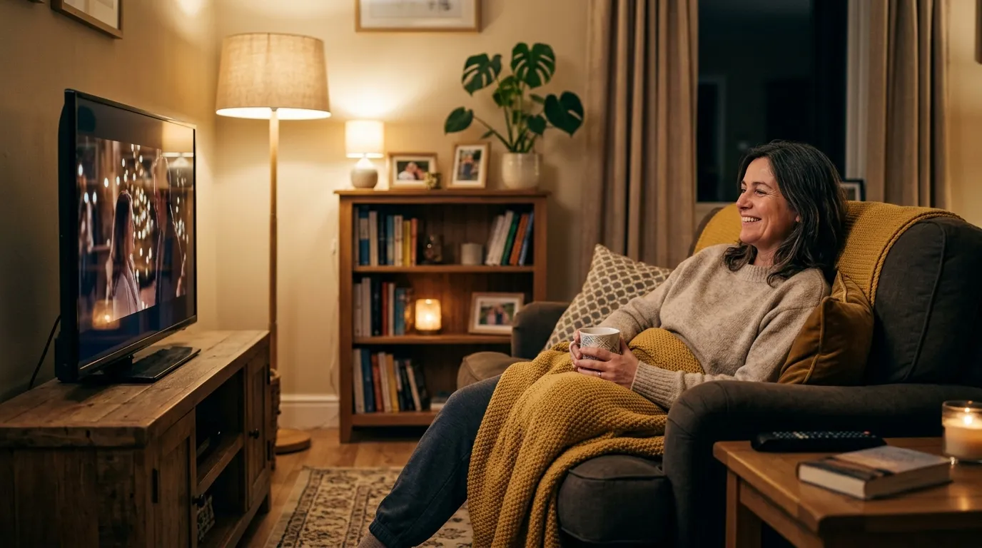 Marta enjoying clear vision while watching television comfortably in her living room