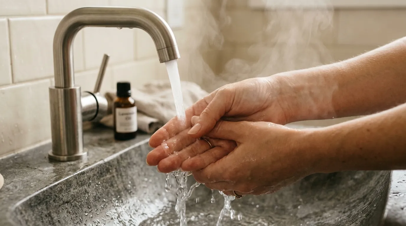 Person massaging their hands under a stream of warm water