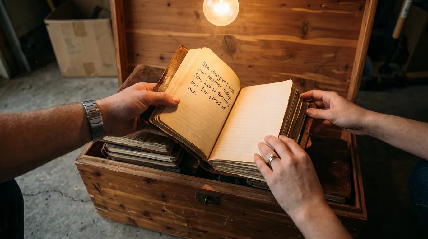 Matthew shows Ashley handwritten journals found in an old cedar chest