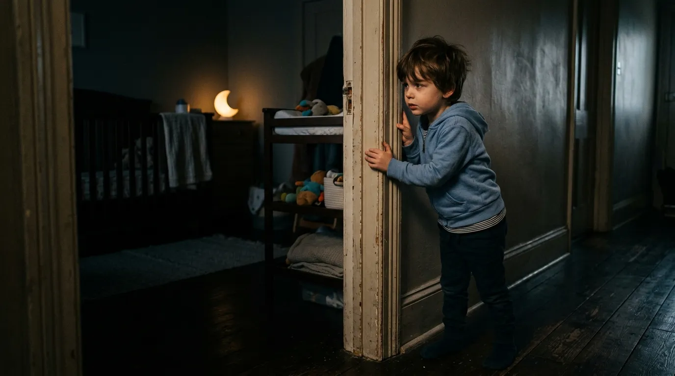 Five-year-old boy hesitating at the nursery door