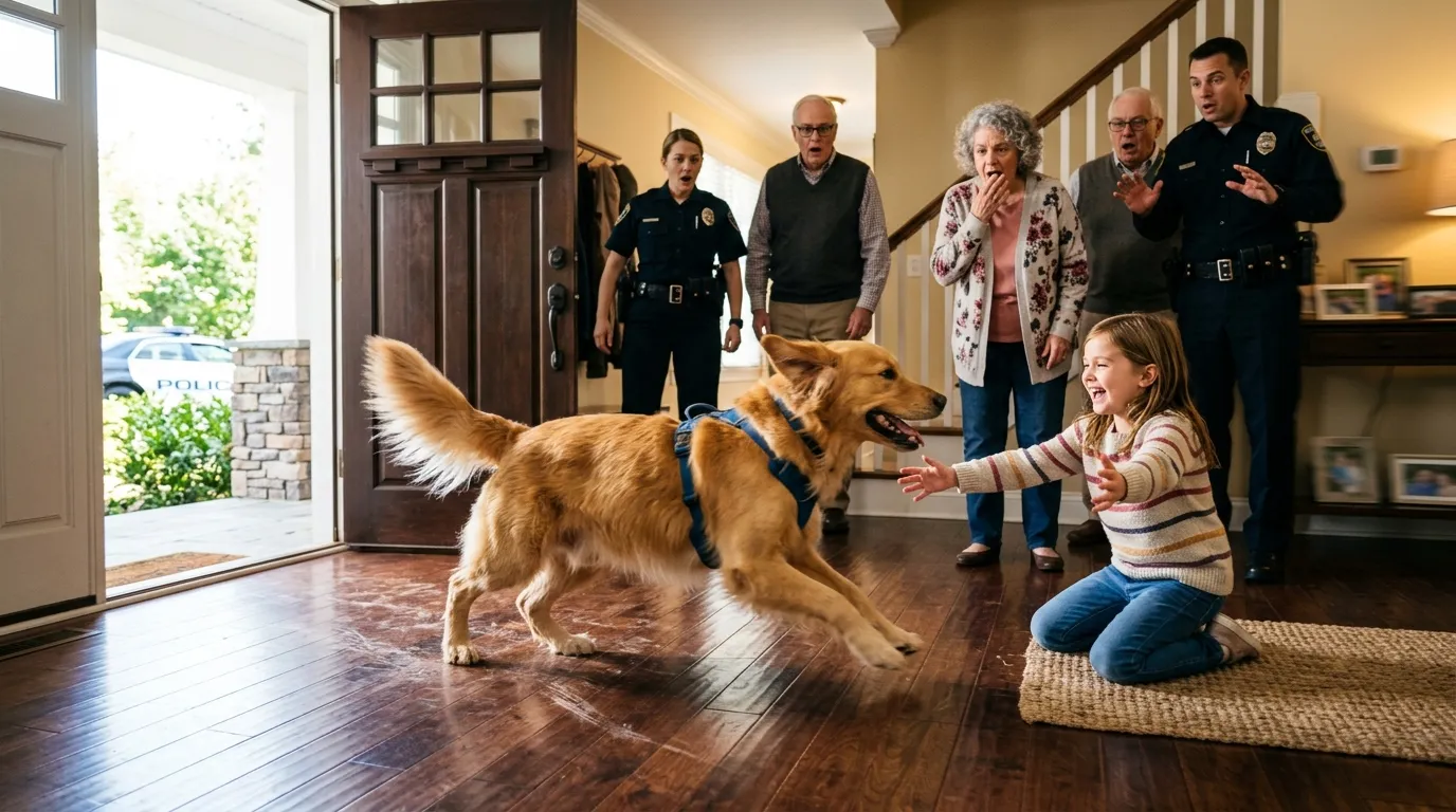 A Golden Retriever running excitedly toward a young girl while police officers stand in the doorway