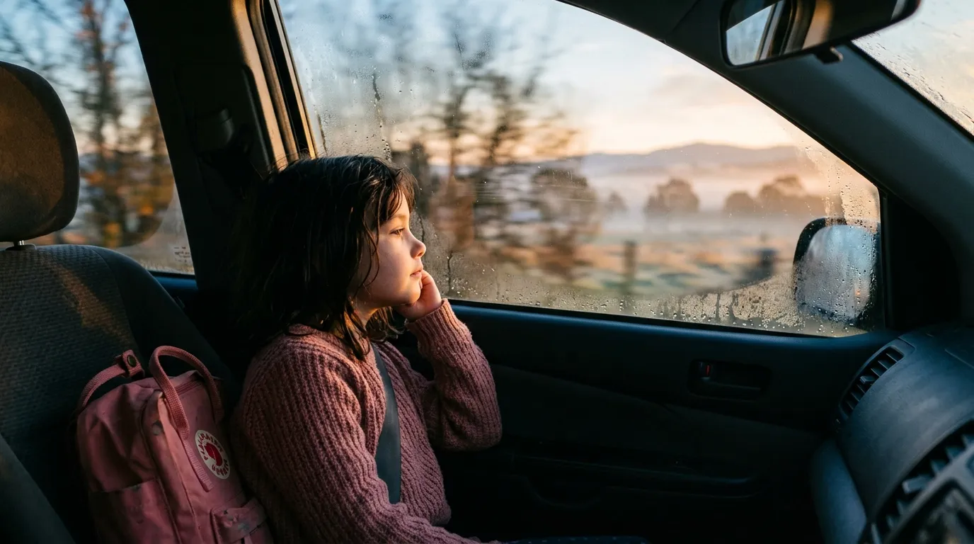 Eight-year-old Maya looking thoughtfully out the car window on a crisp morning