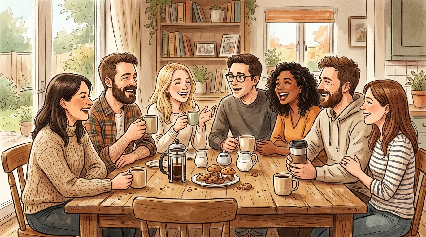 Seven adult siblings sitting around a rustic wooden table laughing and sharing a meal