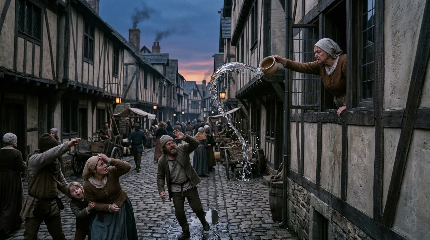 A medieval street scene where someone is emptying a chamber pot from a window.