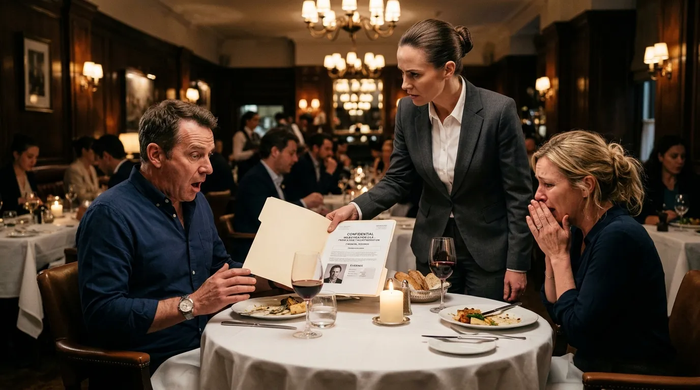 A woman in a charcoal suit placing a folder in front of a shocked man at a dinner table, while his date looks on in confusion.