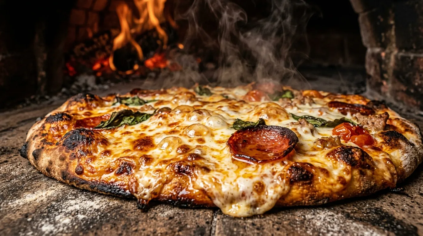 Close up of cheese melting and bubbling inside a hot pizza oven