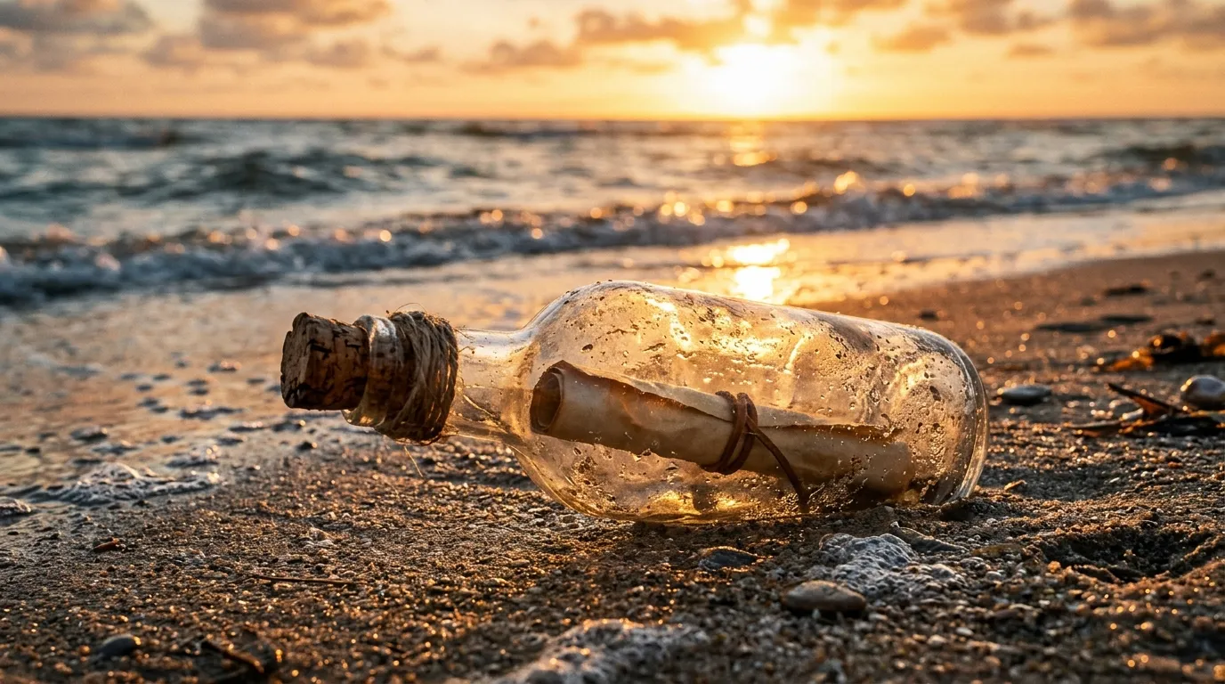 A classic glass bottle with a parchment message washed ashore on a sparkling beach at sunset.