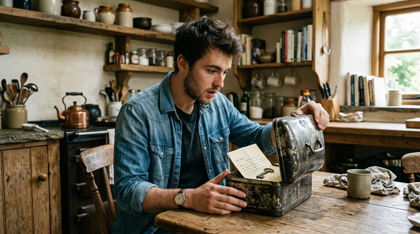 A young man opening an old dented metal lunchbox inside a small rustic kitchen, revealing a letter and key.