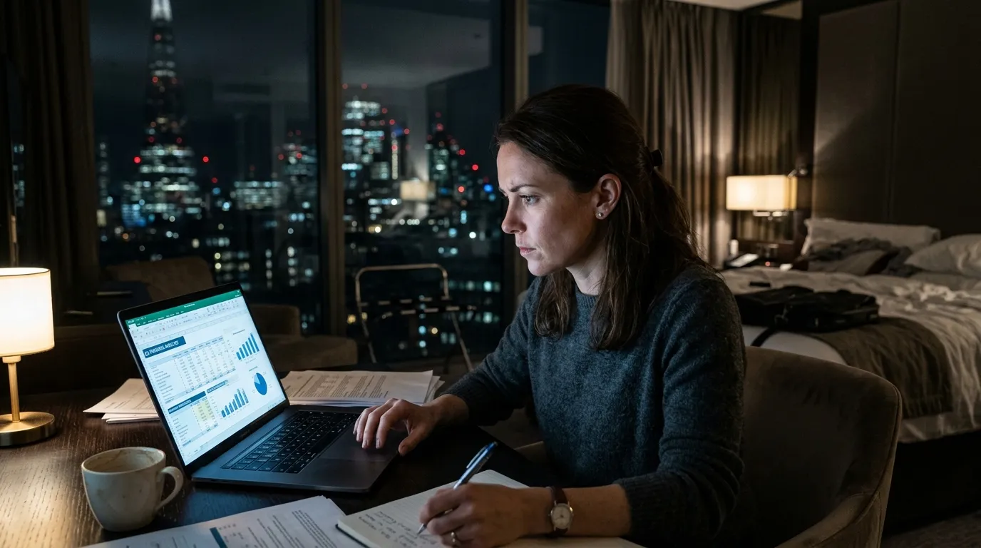 A woman working late at night on her laptop in a dark hotel room, reviewing financial documents.