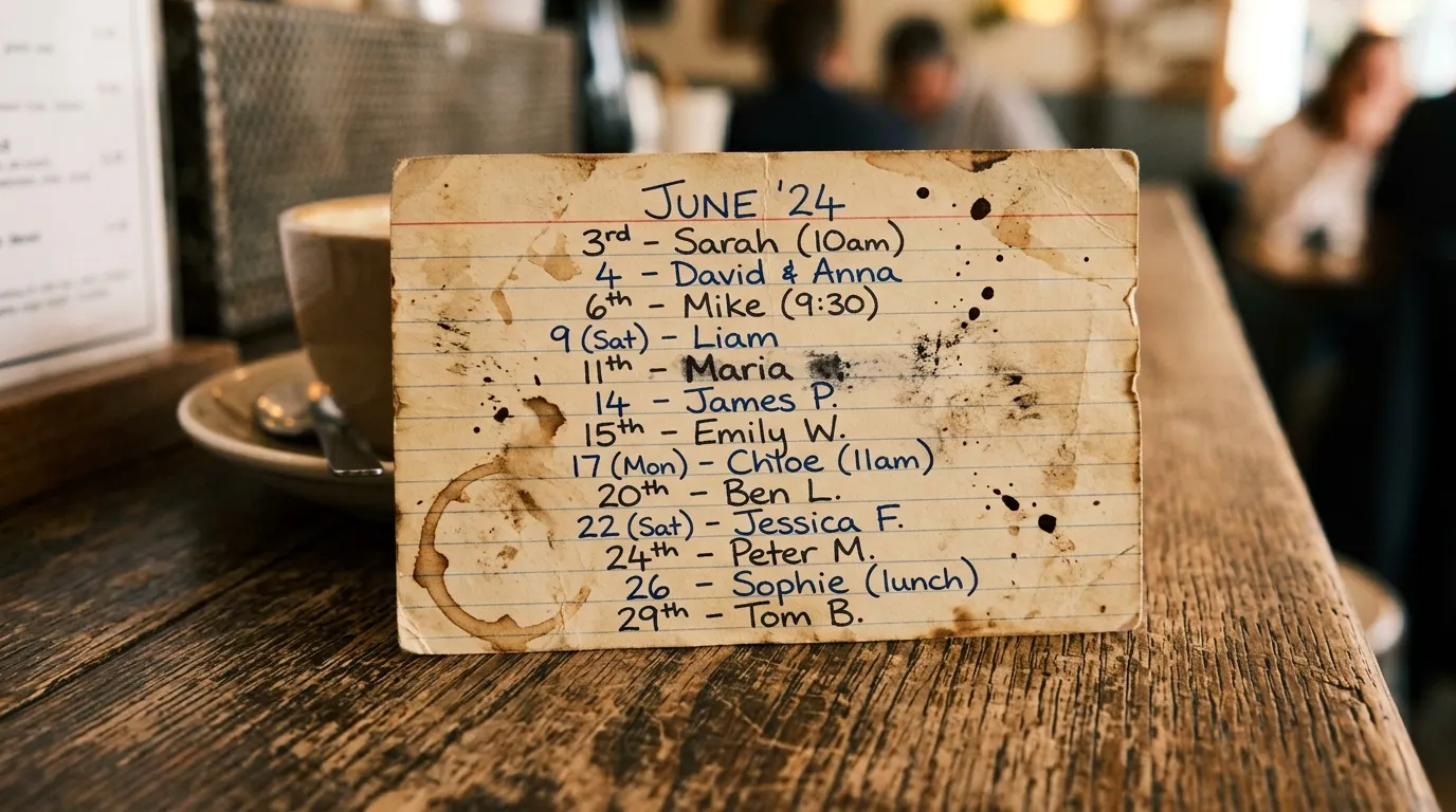 An old, coffee-stained index card with handwritten names on it.