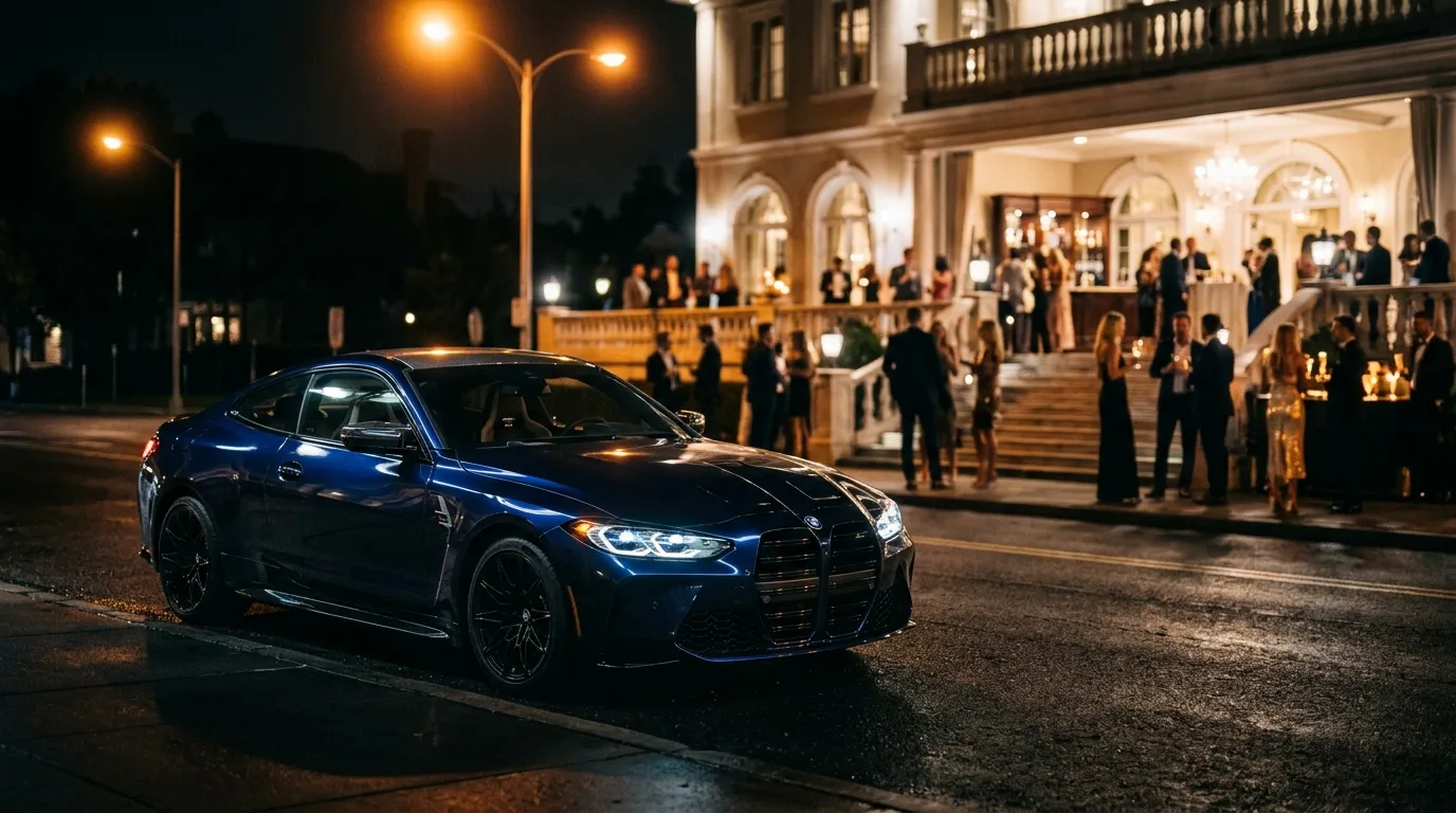 A sleek midnight-blue BMW M4 parked outside an extravagant party